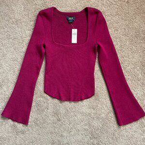 Maeve Anthropologie Top Womens XS Raspberry Square-Neck Bell-Sleeve Sweater NWT